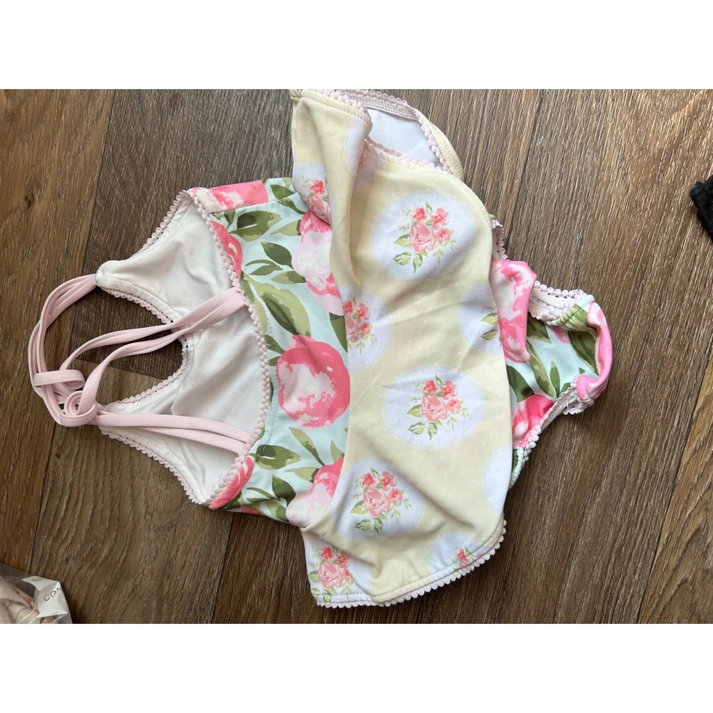 SweetHoney Baby Girls Floral One Piece Swimsuit Pink Yellow Lace Trim 18M - Picture 3 of 4